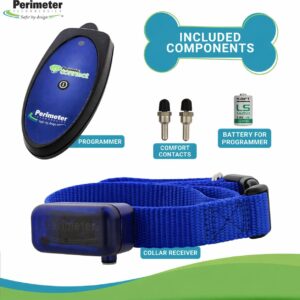 PT-Connect rechargeable collar with blue strap, programmer, programmer battery, and comfort contacts