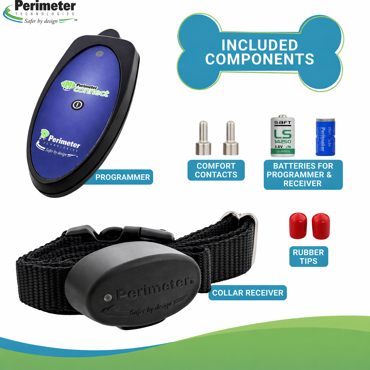 PT-Connect Package Contents PT-Connect collar kit with programmer, batteries, comfort contacts, and rubber tips